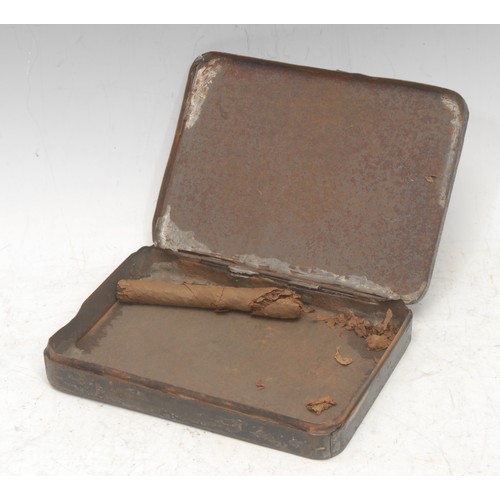 3029 - A 19th century toleware cigar or tobacco box, painted with a man smoking a cheroot in a tavern, in t... 