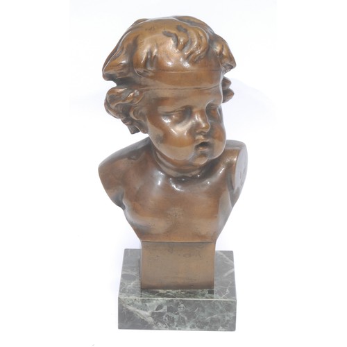 3564 - After François Duquesnoy (1597 – 1643), a dark patinated bronze bust of a full faced putto, square v... 