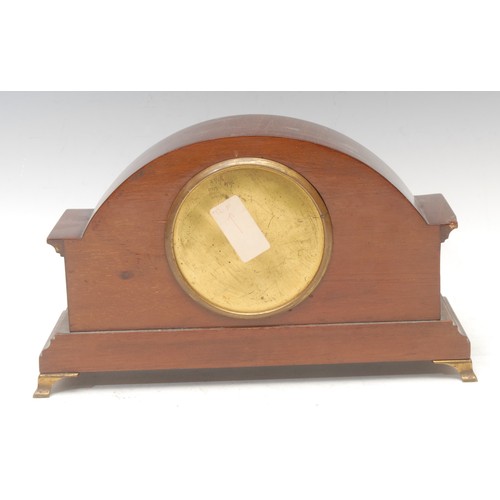 3616 - An Edwardian mahogany and walnut veneer mantle clock, the enamel dial inscribed BUTLER HARROGATE, Ro... 