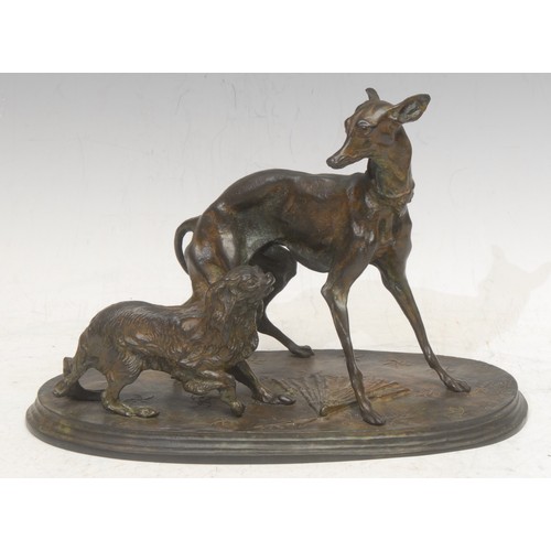 3577 - Pierre-Jules Mêne (1810-1879) after, a bronze figure group, Italian Greyhound and Cavalier King Char... 