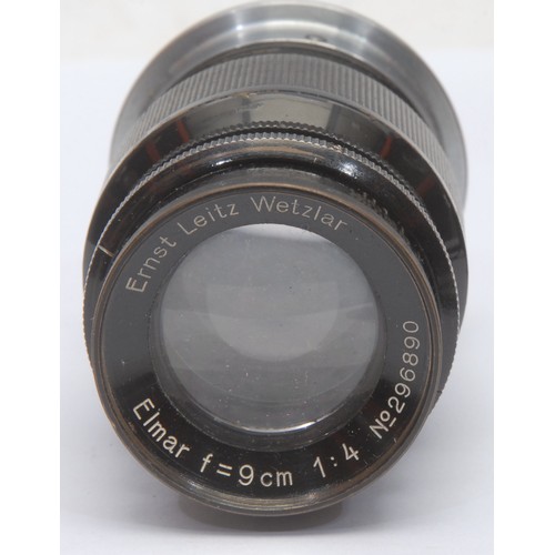 3866 - An Ernst Leitz Wetzlar camera lens, Elmar, f=9cm 1:4, no.296890, B.D.B 34mm hood, 10.5cm, Zeiss Ikon... 