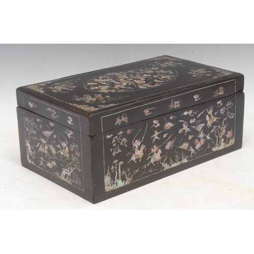 3057 - A Chinese hardwood and mother-of-pearl marquetry rectangular box and cover, profusely inlaid with ba... 