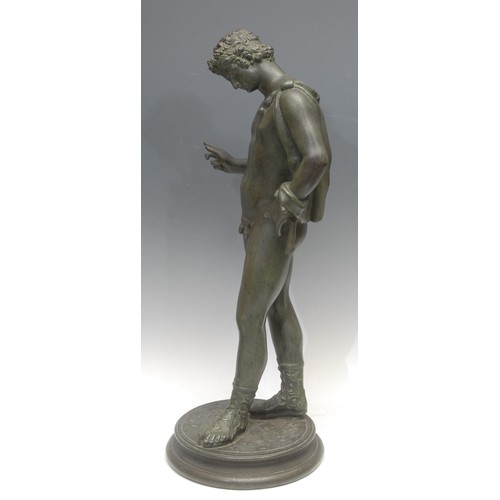 3554 - A Continental verdigris bronze effect sculpture, Dionysus, called Narcissus, in the Grand Tour manne... 