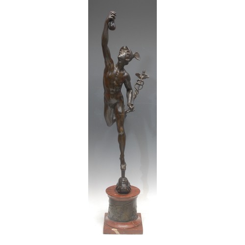 3573 - Giambologna (1529-1608) after, a figural bronze, of Mercury, veined red marble and bronze mounted pe... 