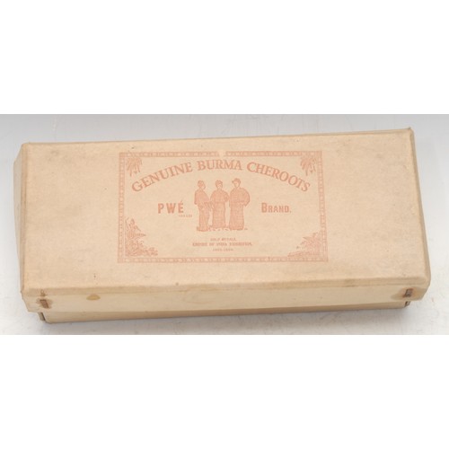 3595 - Packaging & Advertising - a mid-century cardboard cigar box, Genuine Burma Cheroots, PWE Brand, 7cm ... 