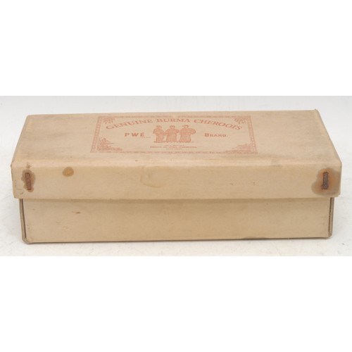 3595 - Packaging & Advertising - a mid-century cardboard cigar box, Genuine Burma Cheroots, PWE Brand, 7cm ... 