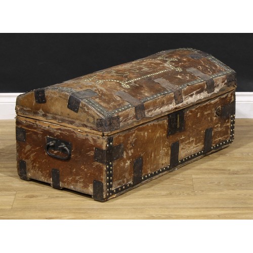 3021 - A 19th century pony skin travelling trunk, by William Jones, maker, hinged domed top with brass stud... 