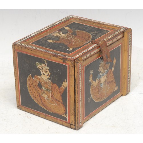 3010 - A 19th century North Indian softwood spice box, each panel hand-painted with an aristocratic figure ... 