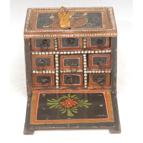 3010 - A 19th century North Indian softwood spice box, each panel hand-painted with an aristocratic figure ... 