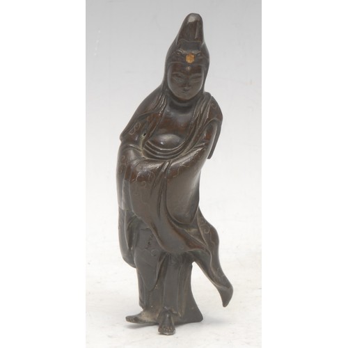 3553 - A Chinese figural cabinet bronze, cast as a Buddha, his robes engraved with scrolls, picked out in g... 