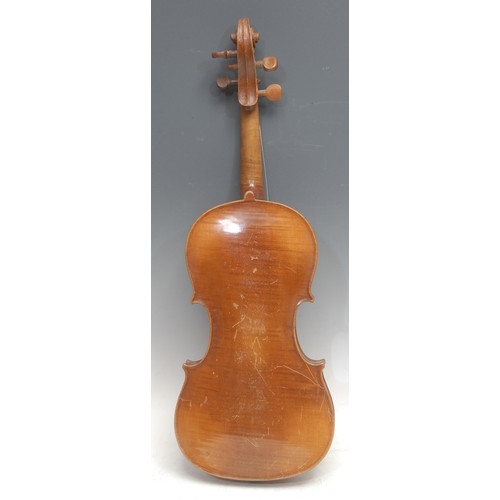 3742 - A violin, the one-piece back 36cm excluding button, outlined throughout with purfling, 59cm long ove... 
