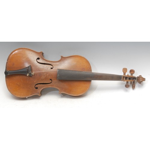 3742 - A violin, the one-piece back 36cm excluding button, outlined throughout with purfling, 59cm long ove... 