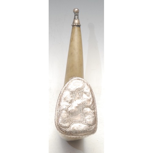 3318 - An Indian silver coloured metal mounted buffalo horn posy vase, 37cm long, c.1900