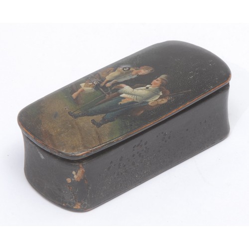 3016 - A 19th century papier mache rounded rectangular snuff box, the hinged cover decorated in polychrome ... 