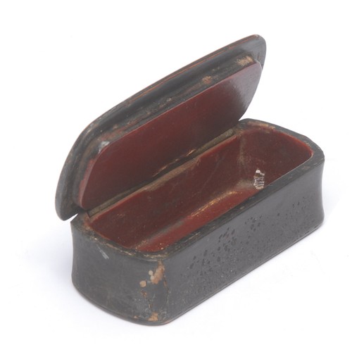 3016 - A 19th century papier mache rounded rectangular snuff box, the hinged cover decorated in polychrome ... 