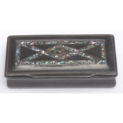 3017 - A 19th century papier mache waisted rectangular snuff box, hinged cover inlaid with abalone shell st... 