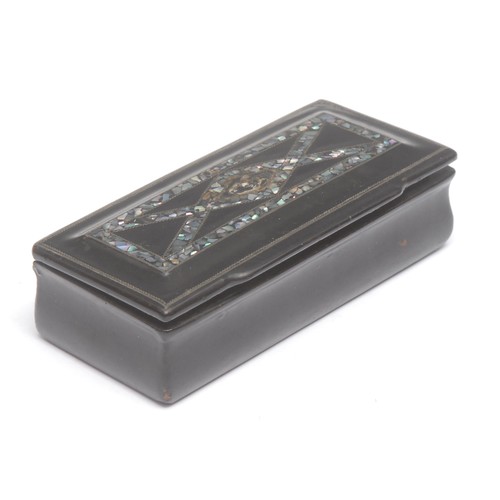 3017 - A 19th century papier mache waisted rectangular snuff box, hinged cover inlaid with abalone shell st... 