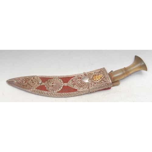 3751 - A Nepalese kukri, 27.5cm curved blade, horn grip, silver coloured metal mounted scabbard, 39cm long ... 