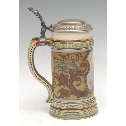 3095 - A German Metlach stoneware stein, decorated in polychrome with a portrait of Paul von Hindenburg (18... 