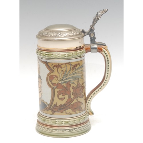 3095 - A German Metlach stoneware stein, decorated in polychrome with a portrait of Paul von Hindenburg (18... 