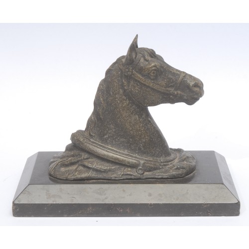 3087 - A French spelter desk weight, cast as a horse's head, rectangular marble base, 15.5cm wide, c.1890