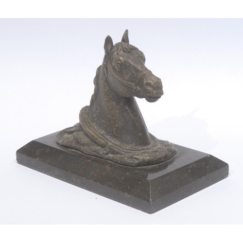 3087 - A French spelter desk weight, cast as a horse's head, rectangular marble base, 15.5cm wide, c.1890