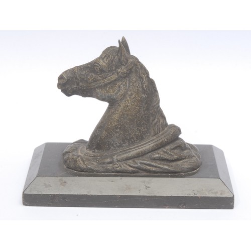 3087 - A French spelter desk weight, cast as a horse's head, rectangular marble base, 15.5cm wide, c.1890