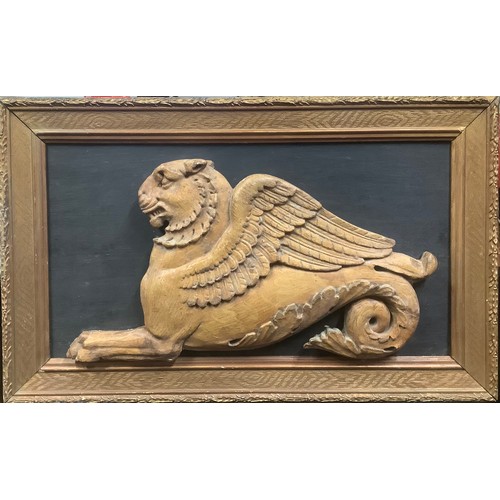 3082 - A French Empire style scumbled plaster cast, of a gryphon, mounted for display, gilt frame, 33cm x 5... 