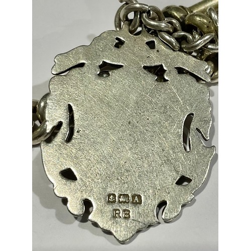 759 - A Hallmarked Silver Graduated Albert Chain with Silver Watch Fob;
indistinctly stamped on every link... 