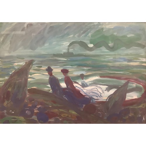 242 - Waldemar Sjölander (Swedish, 1908-1988) circle of, Coastal Scene with Figures  unsigned, acrylic, 43... 