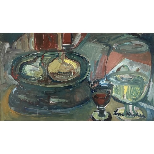 246 - Lars Herder (1923-1976) 
Still Life with Wine Glass and Onions 
signed, acrylic on board, 23cm x 40.... 