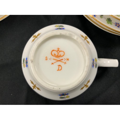 10 - A set of five Stevenson and Hancock painted tea cups and saucers, and side plates, mark to bases, c.... 