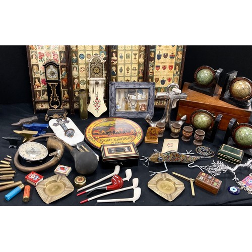 78 - Boxes and objects - car horn, miniature longcase clocks, clay pipes, enamel wall mounted cross, writ... 