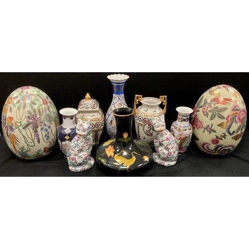 74 - Oriental - large chinoiserie painted egg vessels, 40cm high, a pair of famille rose style cats, 27cm... 