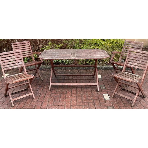 129 - Garden furniture - a folding table and set of four folding chairs, (5).