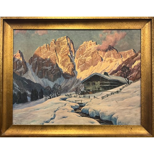 251 - E. Kettemann, after,
Dawn light on the high peaks, Swiss Alpine scene
canvas textured print, 59cm x ... 