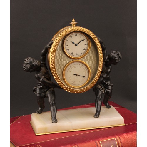 136 - A 19th century French desk clock barometer, oval gilt case with silver dial clock above conforming a... 