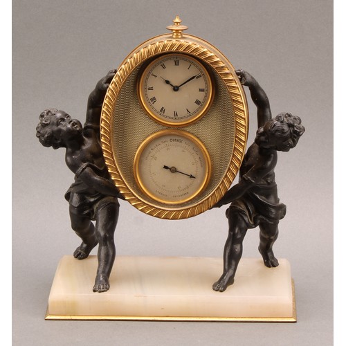 136 - A 19th century French desk clock barometer, oval gilt case with silver dial clock above conforming a... 