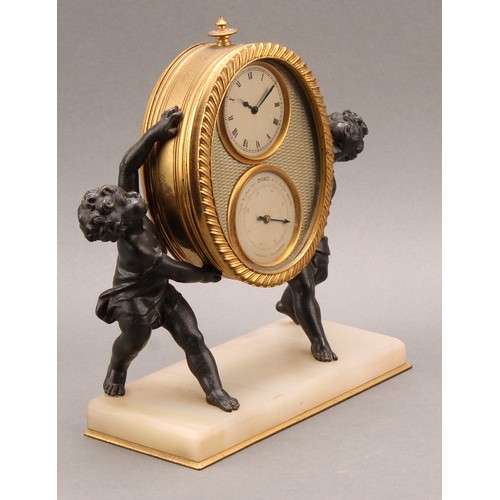 136 - A 19th century French desk clock barometer, oval gilt case with silver dial clock above conforming a... 