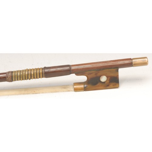 143 - A violin bow, stamped Grimm, faux tortoiseshell frog inlaid with abalone shell, 74cm long