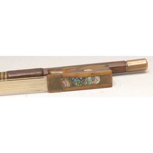 143 - A violin bow, stamped Grimm, faux tortoiseshell frog inlaid with abalone shell, 74cm long