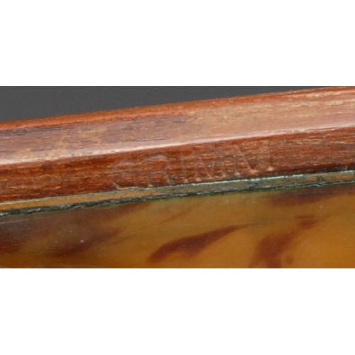 143 - A violin bow, stamped Grimm, faux tortoiseshell frog inlaid with abalone shell, 74cm long