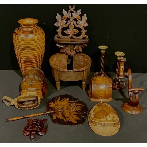 145 - Boxes and Objects - a 19th century hand screen; a Black Forest wall bracket; a Thonet type bentwood ... 