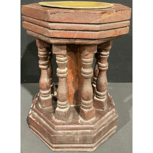 147 - A Gothic Revival pitch pine font or collection plate, 32cm high