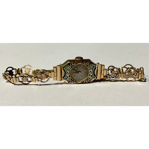 320 - A Ladies Enamelled Mechanical Watch with Rose Gold Watch Bracelet (A/F);
the front of the rectangula... 