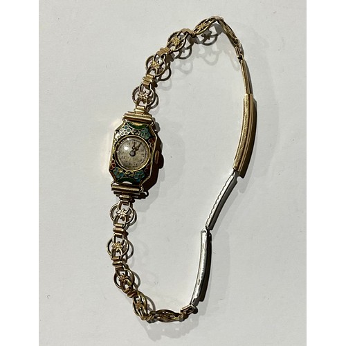 320 - A Ladies Enamelled Mechanical Watch with Rose Gold Watch Bracelet (A/F);
the front of the rectangula... 