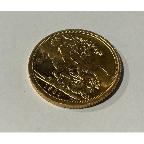 326 - Queen Elizabeth II 1980 22ct Gold Full Sovereign Coin; 
features Benedetto Pistrucci's design depict... 