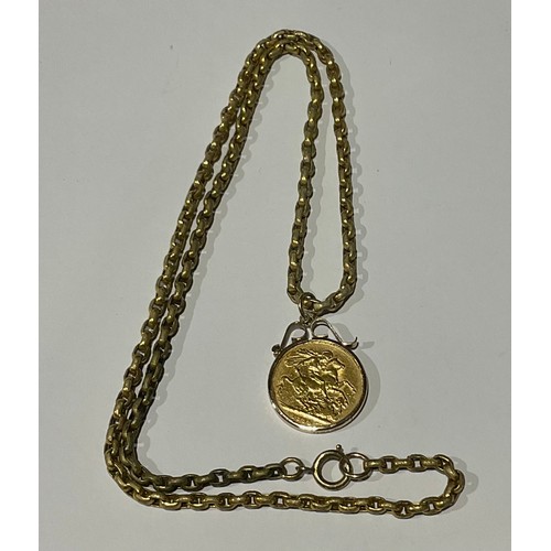 328 - An 1899 Queen Victoria Veiled Head Full Sovereign Mounted Pendant with gold plated chain;
the sovere... 