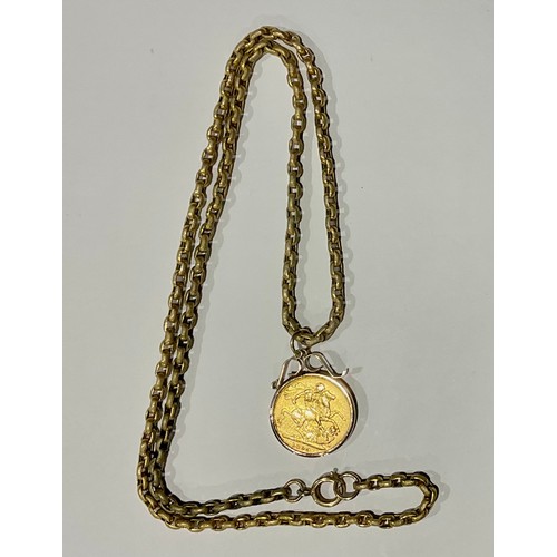 328 - An 1899 Queen Victoria Veiled Head Full Sovereign Mounted Pendant with gold plated chain;
the sovere... 