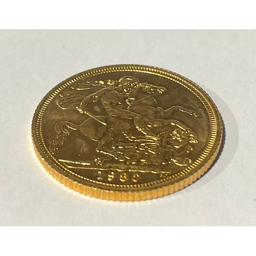 332 - Queen Elizabeth II 1980 22ct Gold Full Sovereign Coin; 
features Benedetto Pistrucci's design depict... 